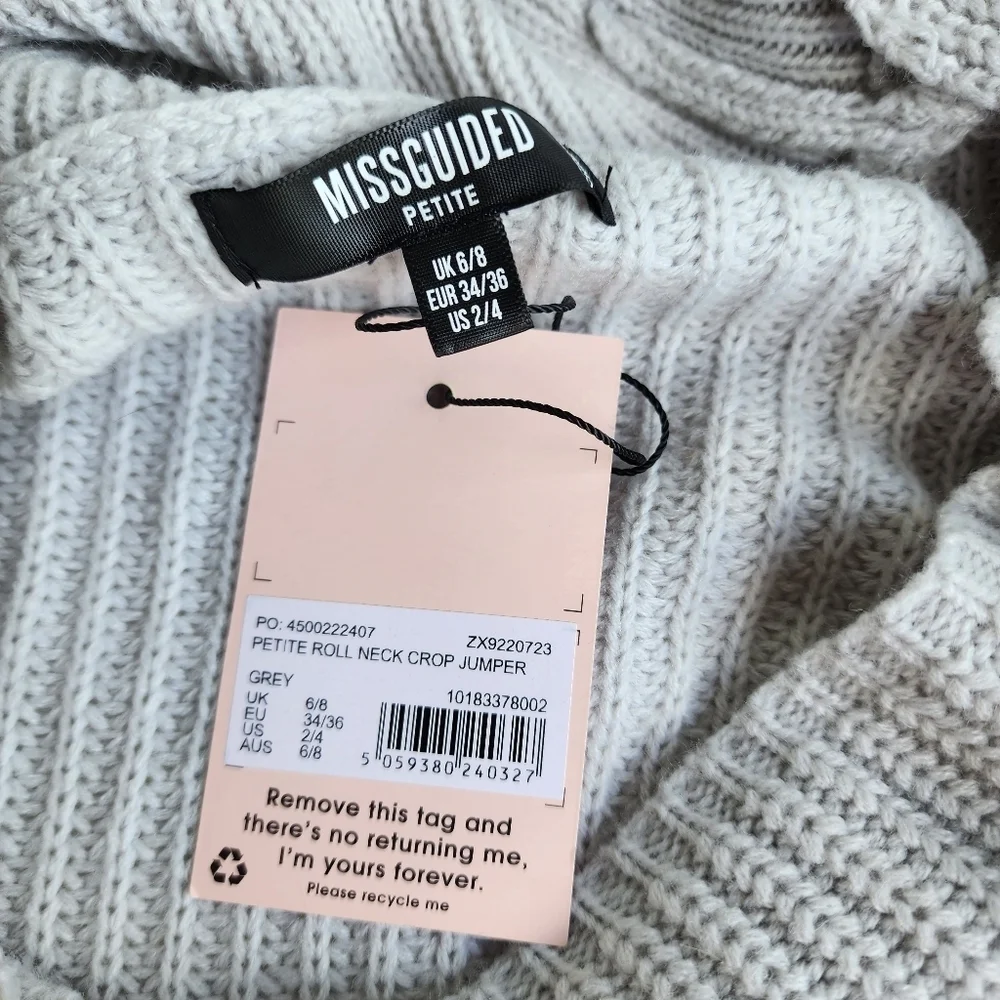 NWT Missguided Women Boho Tuttleneck Neck Cropped Sweater Knit Gray Petite 2P 4P